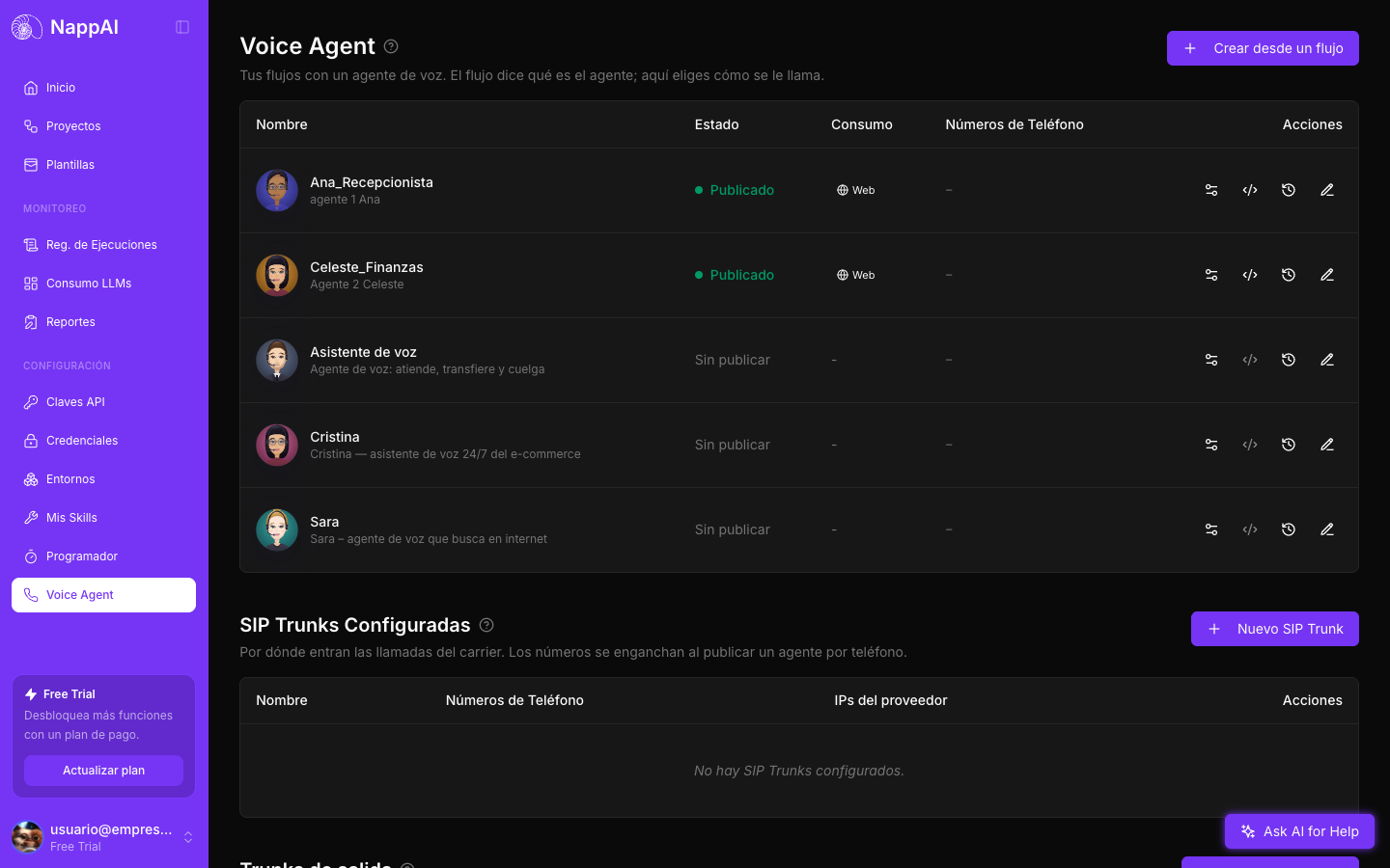 La pantalla Voice Agent con la lista de agentes y la sección SIP Trunks Configuradas