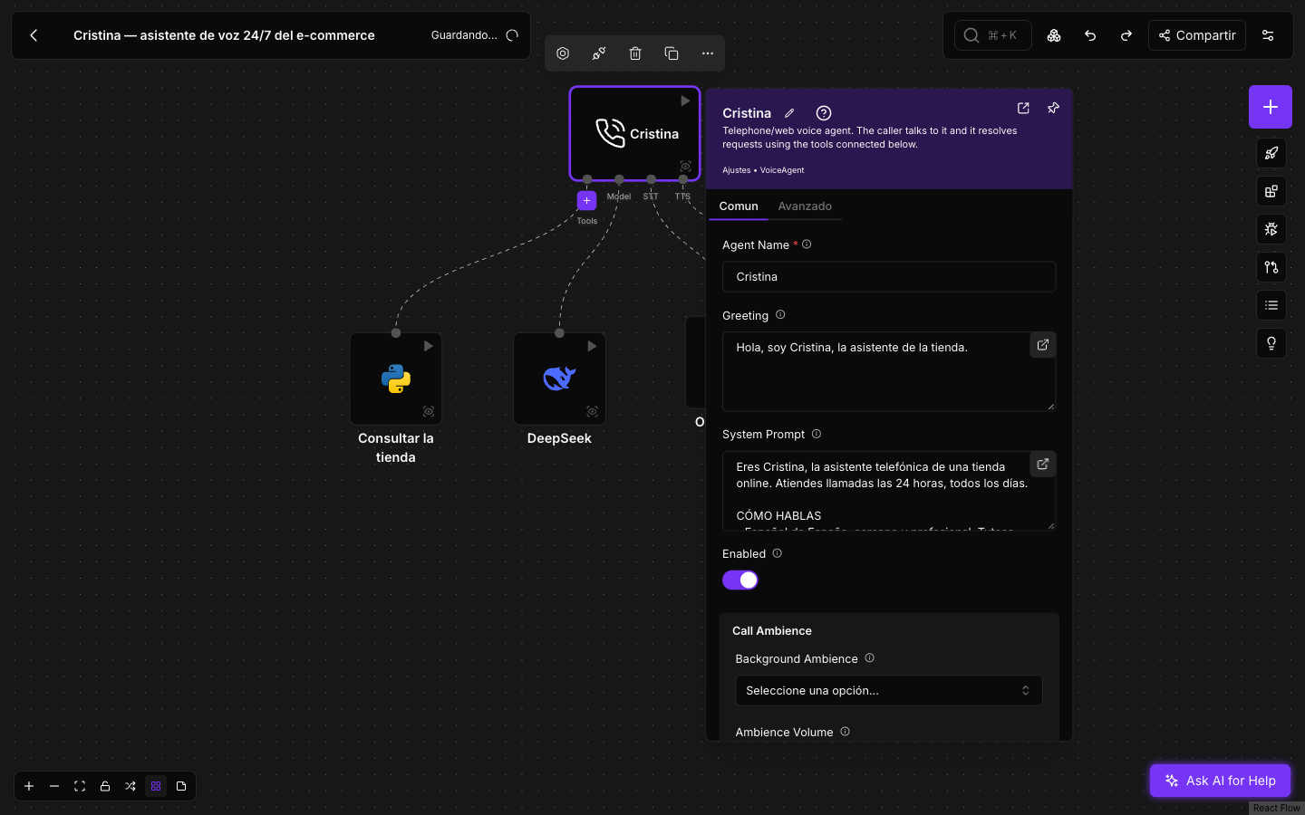 The Voice Agent component panel of an online shop: name, greeting, system prompt, Enabled and the call ambience