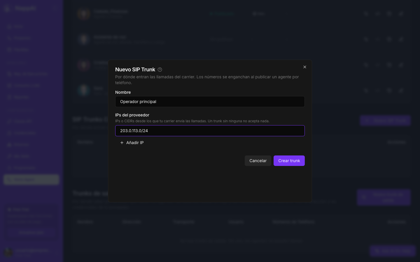 La ventana Nuevo SIP Trunk con el nombre y las IPs del proveedor