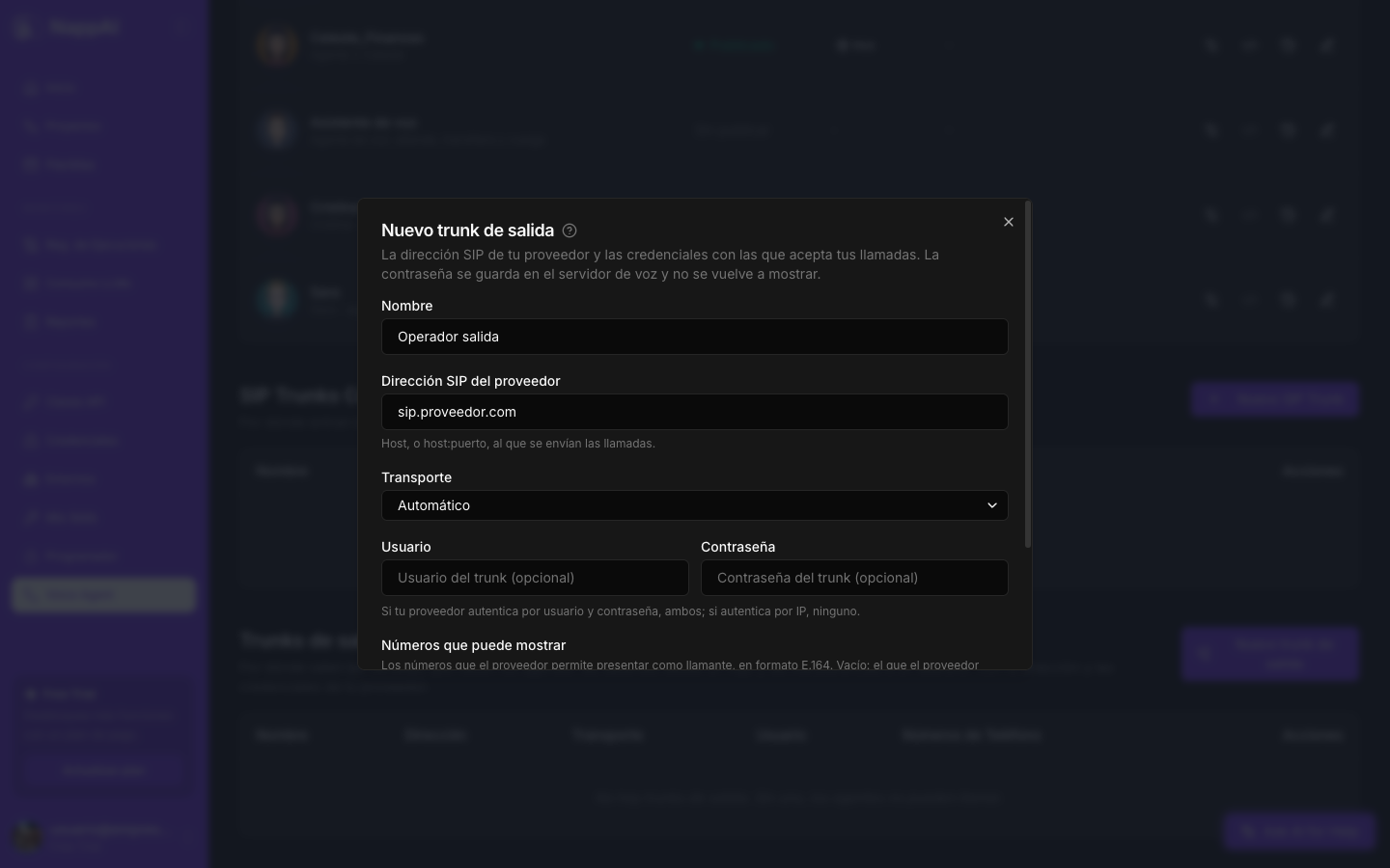 The New outbound trunk window: name, SIP address, transport, username, password and numbers it may present