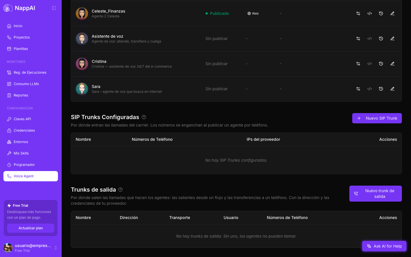 Las secciones SIP Trunks Configuradas y Trunks de salida