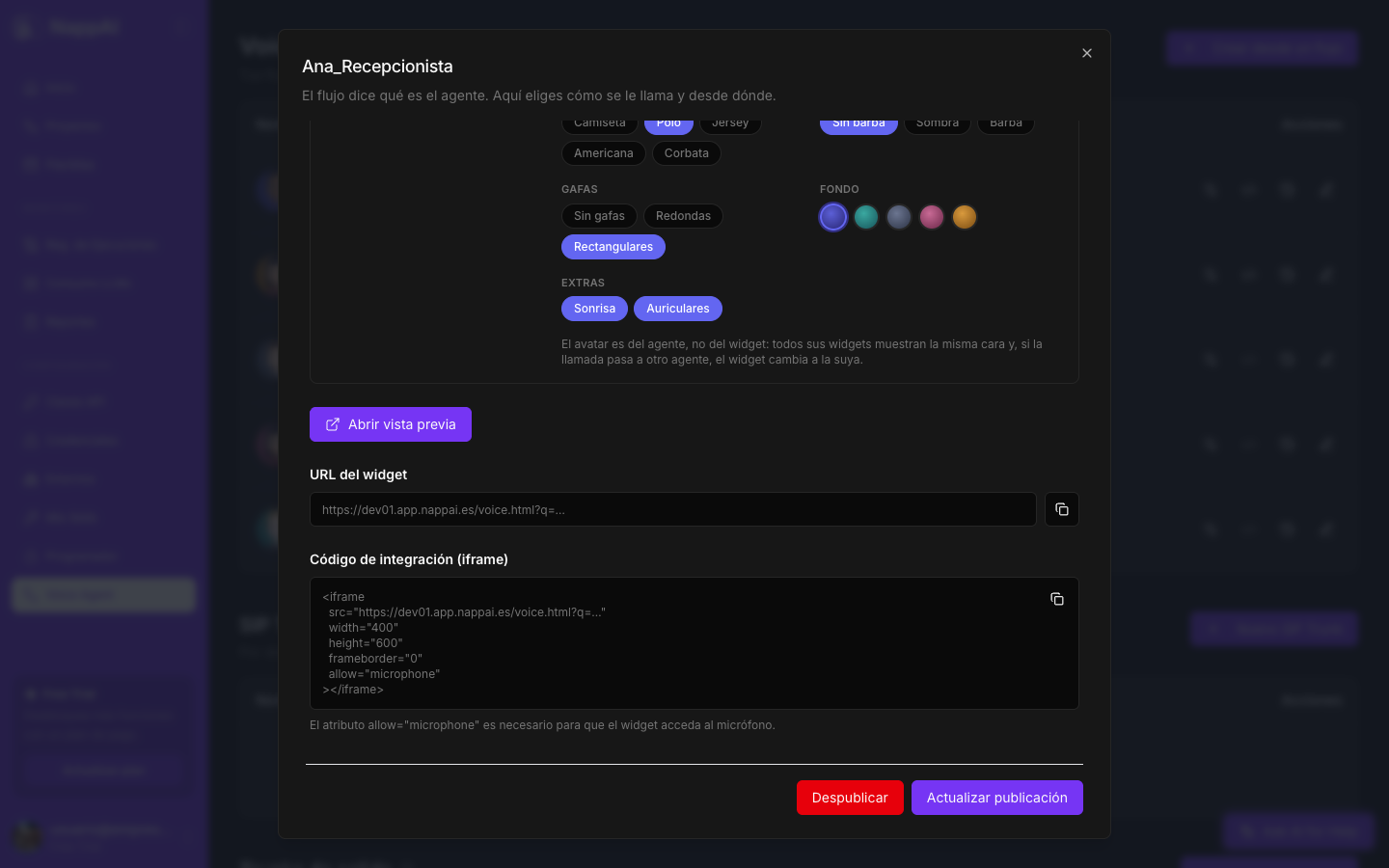 La URL del widget, el botón Abrir vista previa y el código de integración