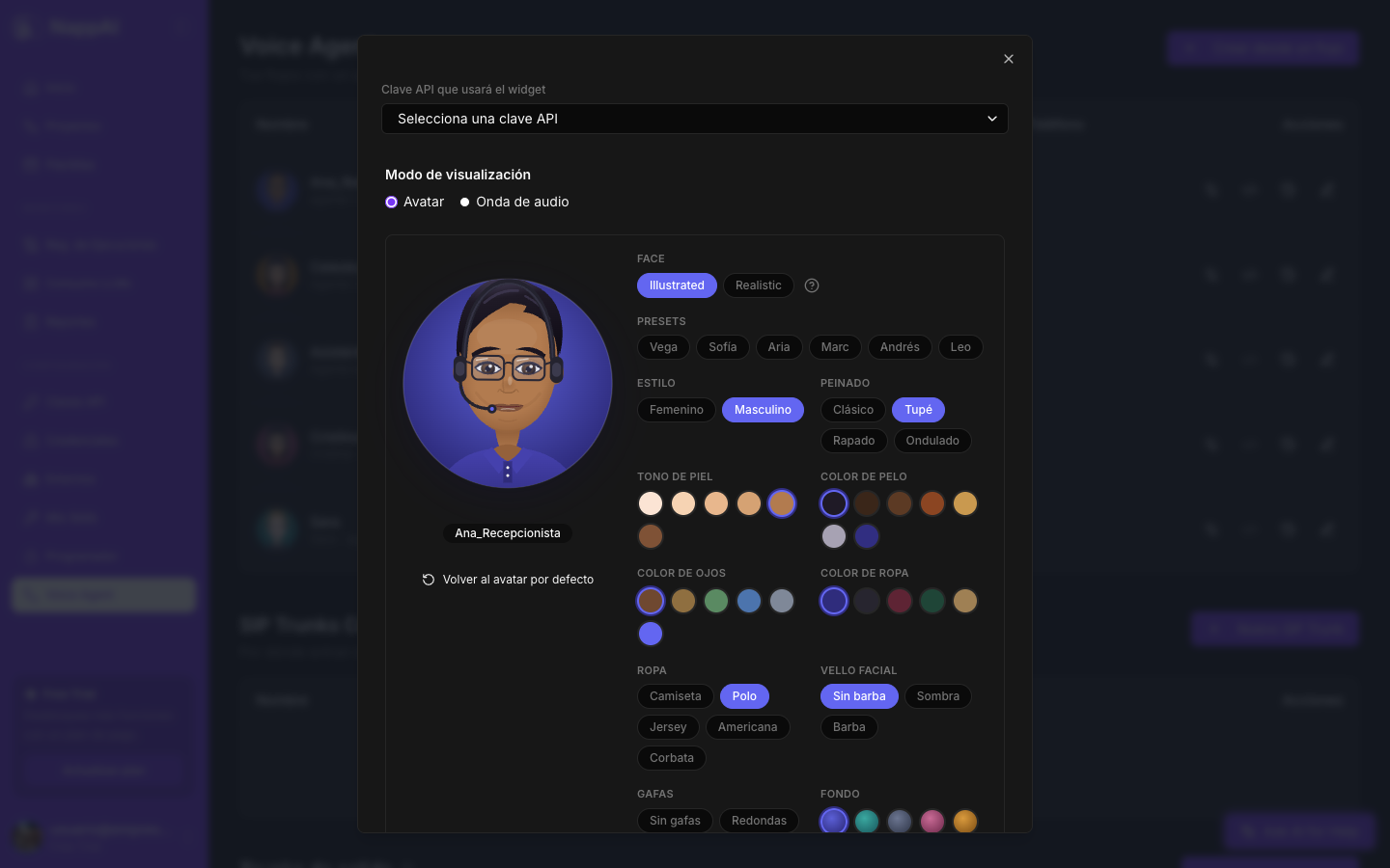 La ventana del widget: clave API, modo de visualización y avatar