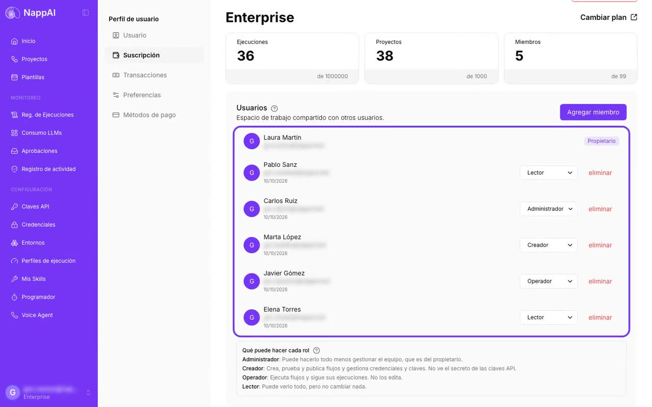 Roles y permisos del equipo